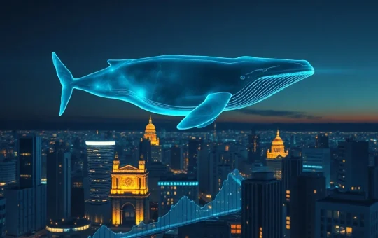 Digital whale silhouette hovering over financial charts representing XRP whale wallet concentration.