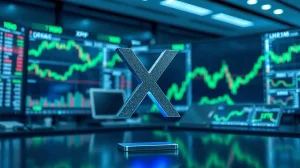 XRP token symbol with rising price charts in a modern trading office background