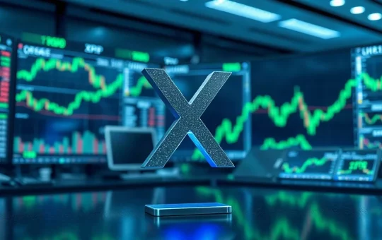 XRP token symbol with rising price charts in a modern trading office background