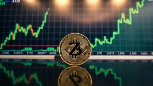 Zcash (ZEC) coin in front of a rising price chart, symbolizing the recent rally above $850.