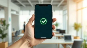 Smartphone showing a completed Zcash transaction with a green checkmark in a bright office setting