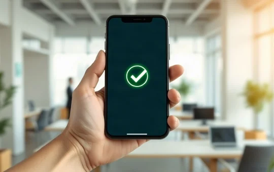 Smartphone showing a completed Zcash transaction with a green checkmark in a bright office setting