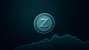 A 3D rendered Zcash (ZEC) coin floating against a dark background with a subtle upward trend line, representing a potential price breakout.