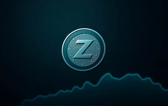 A 3D rendered Zcash (ZEC) coin floating against a dark background with a subtle upward trend line, representing a potential price breakout.