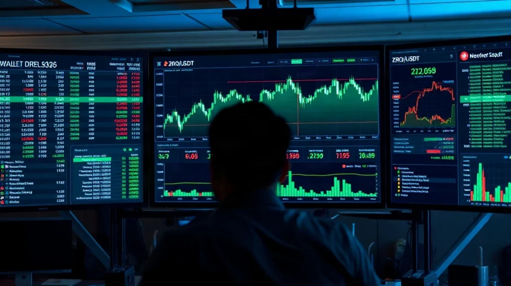 Cryptocurrency trading monitors showing ZRO price surge with green candlesticks.