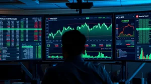 Cryptocurrency trading monitors showing ZRO price surge with green candlesticks.