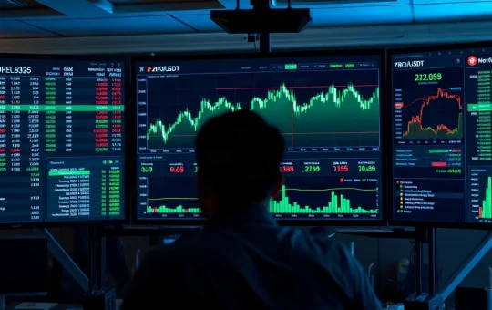 Cryptocurrency trading monitors showing ZRO price surge with green candlesticks.