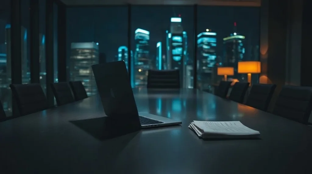 Empty conference room at night with an open laptop and printed documents on the table