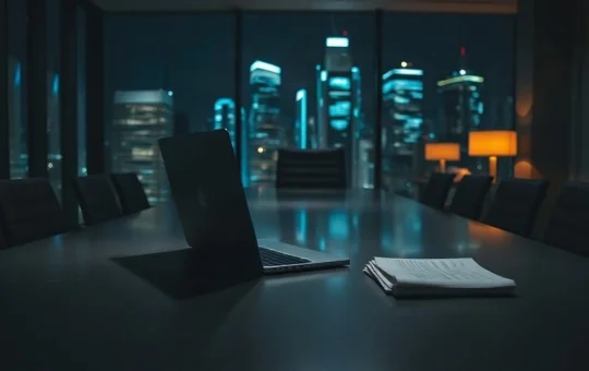 Empty conference room at night with an open laptop and printed documents on the table