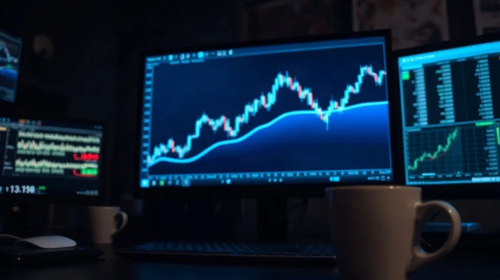 Trading monitor showing a Bitcoin price chart with a moving average line in a dimly lit office