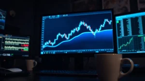 Trading monitor showing a Bitcoin price chart with a moving average line in a dimly lit office