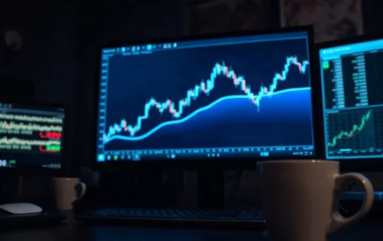 Trading monitor showing a Bitcoin price chart with a moving average line in a dimly lit office