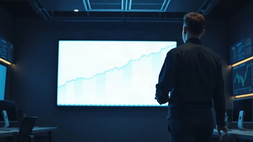 Market display showing a rising Bitcoin price chart on a dim trading floor