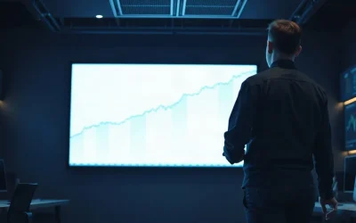 Market display showing a rising Bitcoin price chart on a dim trading floor
