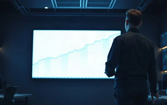 Market display showing a rising Bitcoin price chart on a dim trading floor
