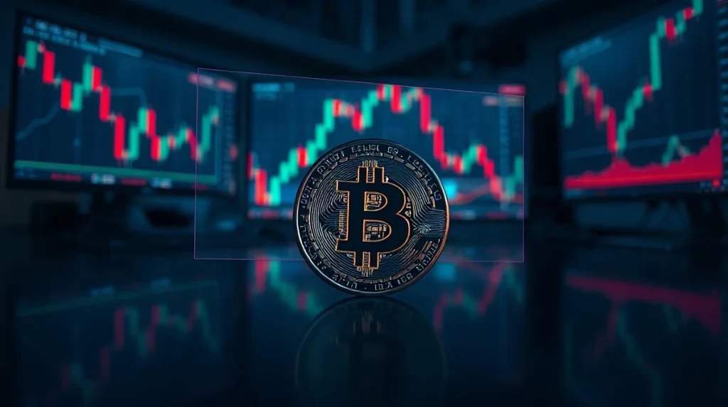 Bitcoin coin with digital trading chart overlay representing market liquidity analysis.