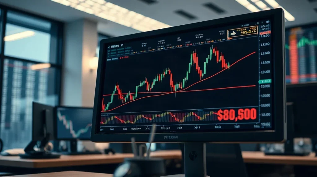 Bitcoin price chart on monitor showing consolidation near $80,000 with resistance at $82,800