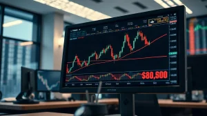 Bitcoin price chart on monitor showing consolidation near $80,000 with resistance at $82,800