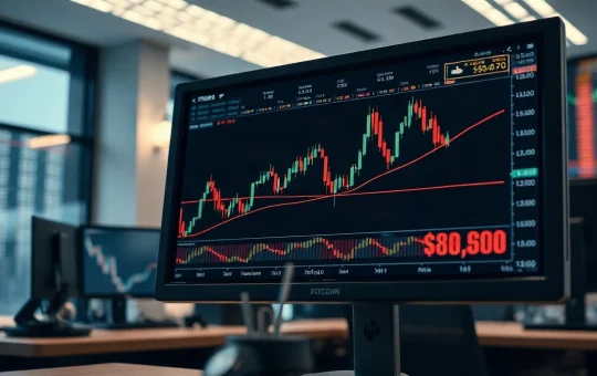 Bitcoin price chart on monitor showing consolidation near $80,000 with resistance at $82,800