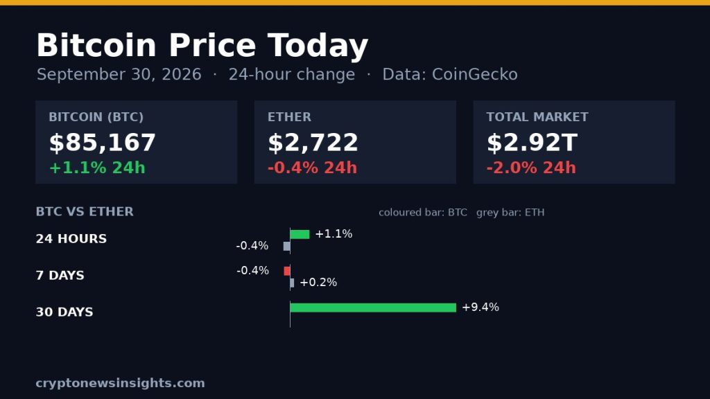 Chart card: Bitcoin 24-hour change on September 30, 2026 against Bitcoin and the total crypto market