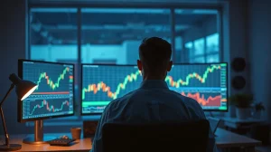 Trader viewing upward-trending Bitcoin price charts on multiple monitors in a dimly lit office