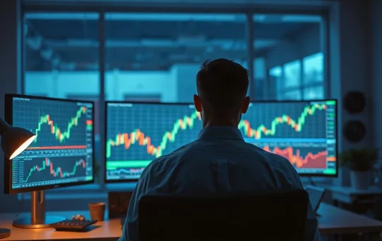 Trader viewing upward-trending Bitcoin price charts on multiple monitors in a dimly lit office