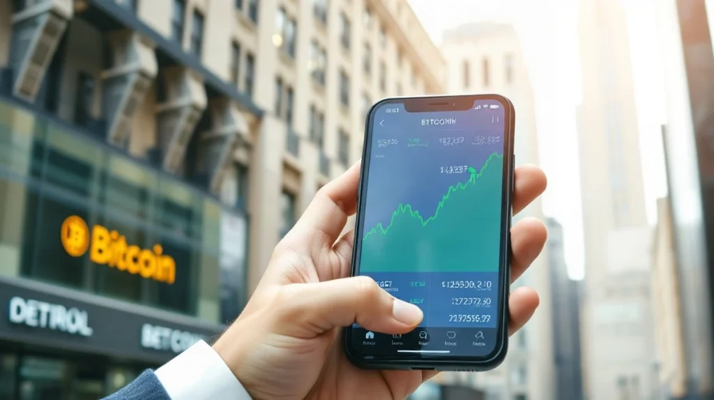 Bitcoin price chart on a smartphone showing an upward trend in a financial district setting