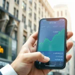 Bitcoin price chart on a smartphone showing an upward trend in a financial district setting