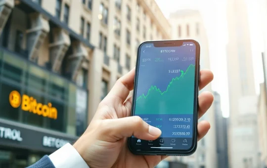 Bitcoin price chart on a smartphone showing an upward trend in a financial district setting