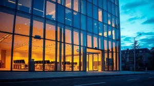 Unoccupied desks and pulled blinds inside a modern Zug financial office at dusk