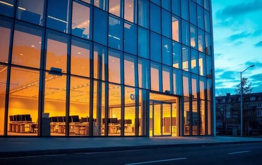Unoccupied desks and pulled blinds inside a modern Zug financial office at dusk