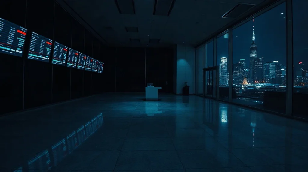 Empty night lobby of a crypto exchange office with dark trading screens and city skyline