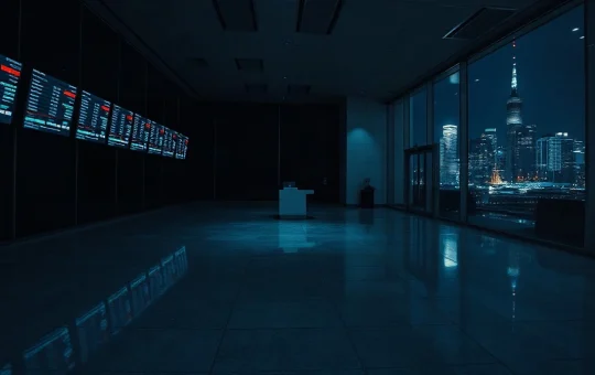 Empty night lobby of a crypto exchange office with dark trading screens and city skyline