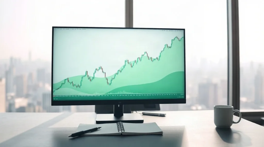Close-up of a trading desk monitor showing a rising BNB price chart with a resistance band, in a bright modern office.