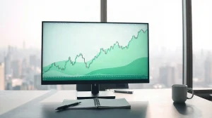 Close-up of a trading desk monitor showing a rising BNB price chart with a resistance band, in a bright modern office.