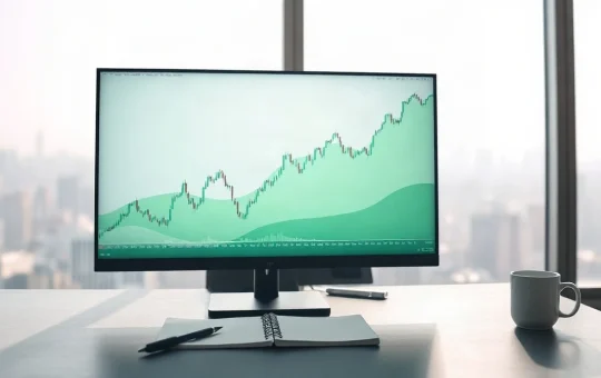 Close-up of a trading desk monitor showing a rising BNB price chart with a resistance band, in a bright modern office.