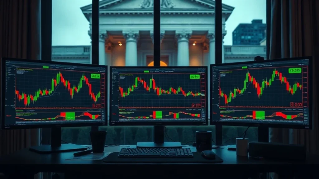 Trading desk screens showing crypto charts with Federal Reserve columns visible in the background window