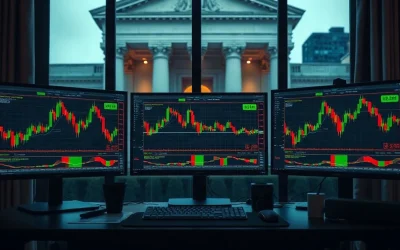 Trading desk screens showing crypto charts with Federal Reserve columns visible in the background window