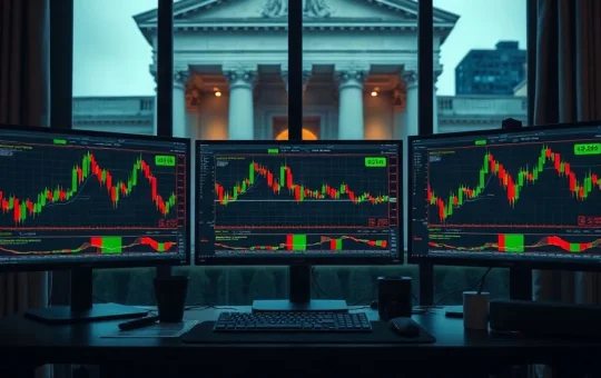 Trading desk screens showing crypto charts with Federal Reserve columns visible in the background window