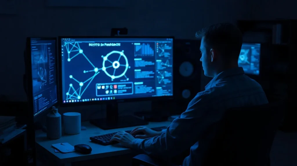Developer studying cryptographic proof diagrams on a monitor during a late-night coding session