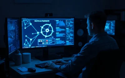 Developer studying cryptographic proof diagrams on a monitor during a late-night coding session