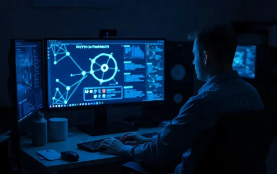 Developer studying cryptographic proof diagrams on a monitor during a late-night coding session