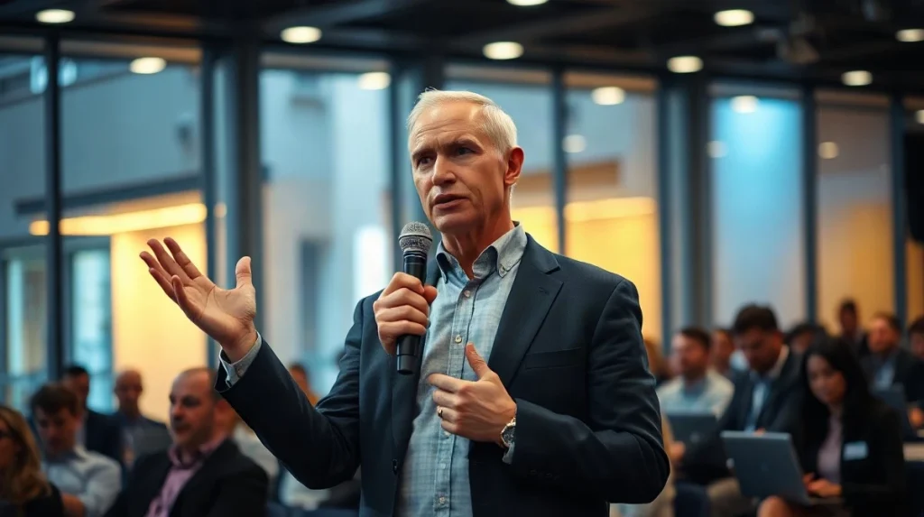 Technology investor speaking on a conference panel, gesturing mid-sentence under warm stage lighting