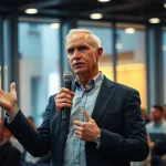 Technology investor speaking on a conference panel, gesturing mid-sentence under warm stage lighting