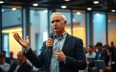 Technology investor speaking on a conference panel, gesturing mid-sentence under warm stage lighting