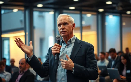 Technology investor speaking on a conference panel, gesturing mid-sentence under warm stage lighting