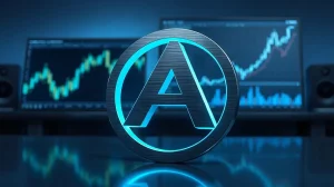 Cardano ADA token symbol on a trading desk with a rising price chart in the background