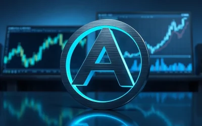 Cardano ADA token symbol on a trading desk with a rising price chart in the background