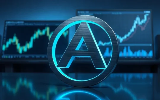 Cardano ADA token symbol on a trading desk with a rising price chart in the background