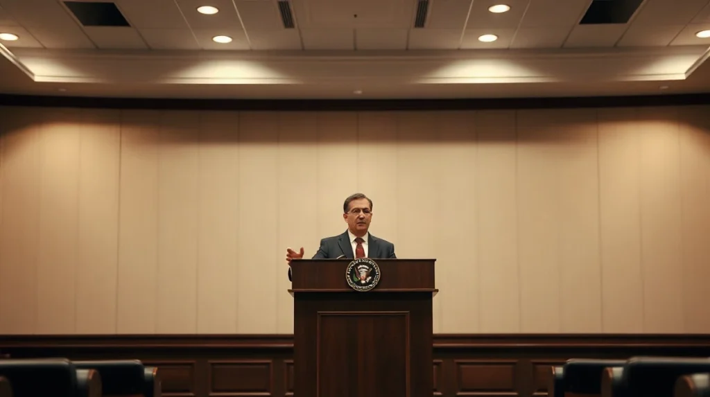 Official speaking at a podium in a formal Washington hearing room about tokenization and crypto market regulation